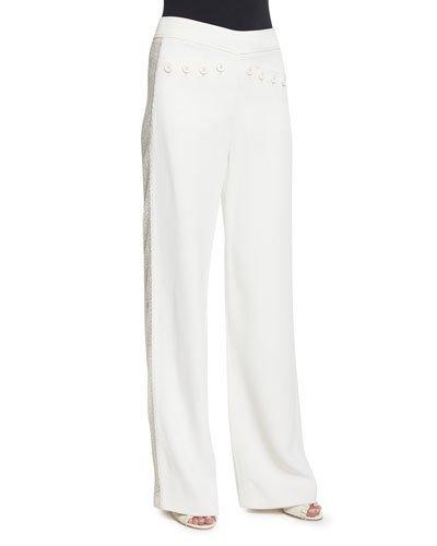 Wide-leg Flat-front Tuxedo Pants, Ivory