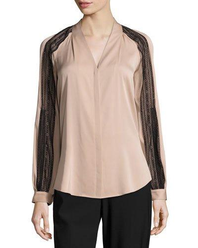Nori Lace-trimmed Long Raglan-sleeve Silk Blouse, Taupe