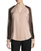 Nori Lace-trimmed Long Raglan-sleeve Silk Blouse, Taupe