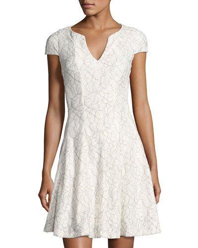 Split-neck Floral-lace Dress, White/black