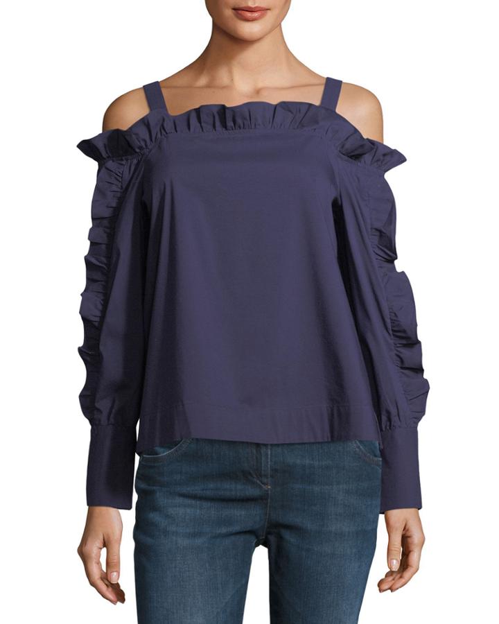 Cold-shoulder Ruffled Blouse, Evening Blue