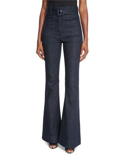 Belted High-waist Flare-leg Jeans, Indigo