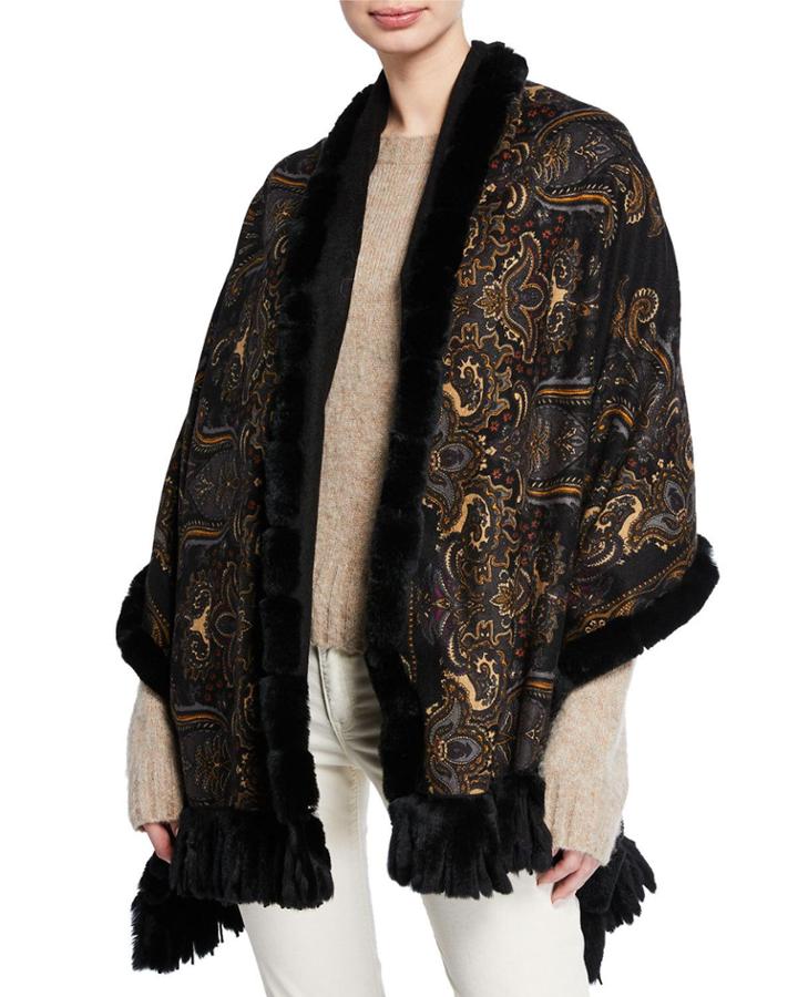 Cashmere Double-face Stole W/ Fur Trim