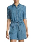Belted Chambray Short Jumpsuit, Blue