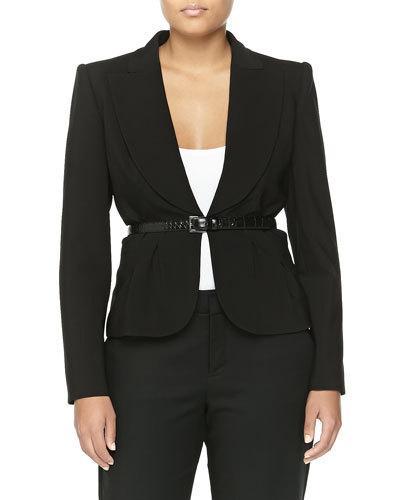 Crepe Short Wool Belted Jacket, Black