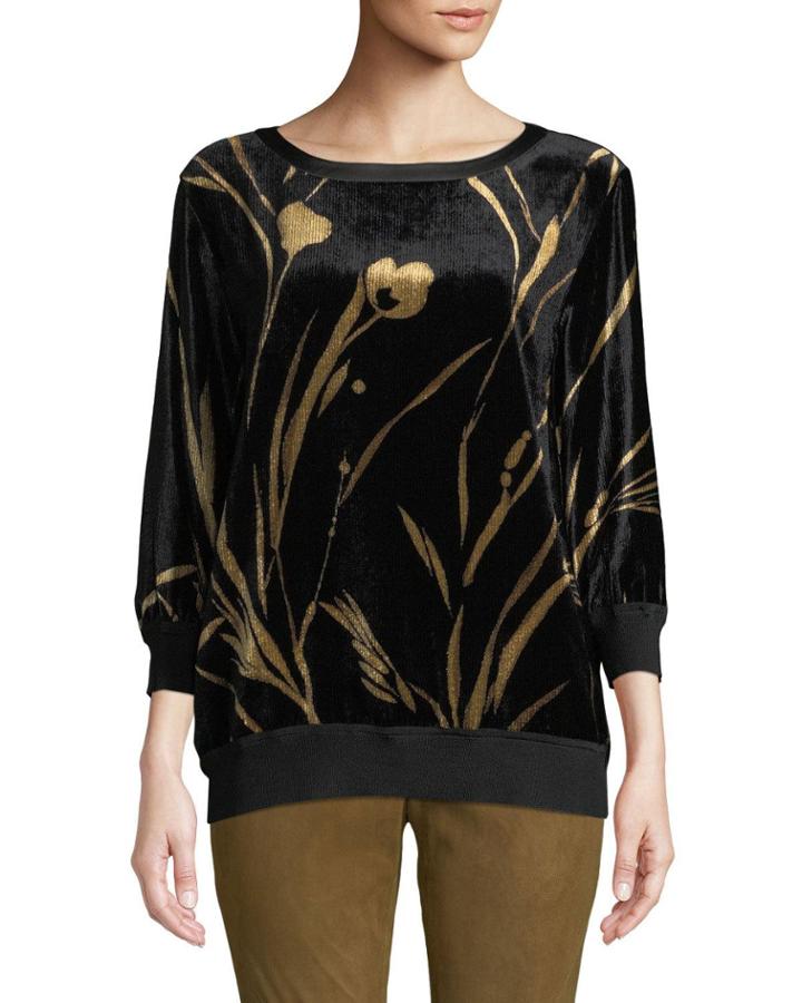 Nessa Floral-print Velvet Blouse W/ Ribbed Trim