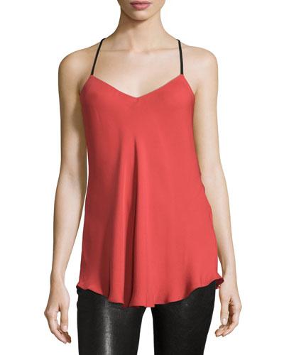Leather-strap Silk Camisole, Red Rose