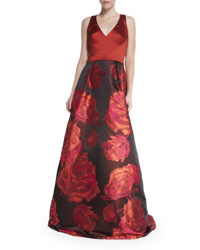 Sleeveless Combo Floral-skirt Ball Gown