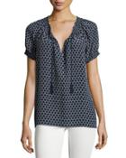 Silk Printed Tassel-tie Top, Cloudburst/midnight