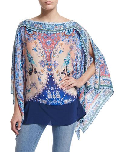 Floral Silk Poncho, Blue/pink