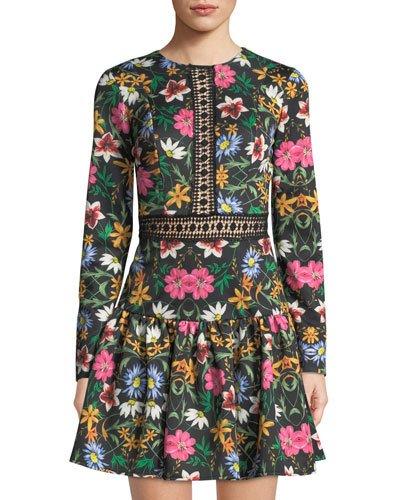 Long-sleeve Floral Ruffle-skirt Dress