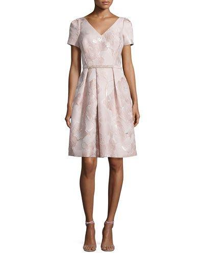 Sleeveless V-neck Metallic Jacquard Dress, Pink