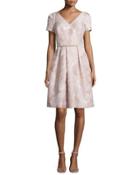 Sleeveless V-neck Metallic Jacquard Dress, Pink