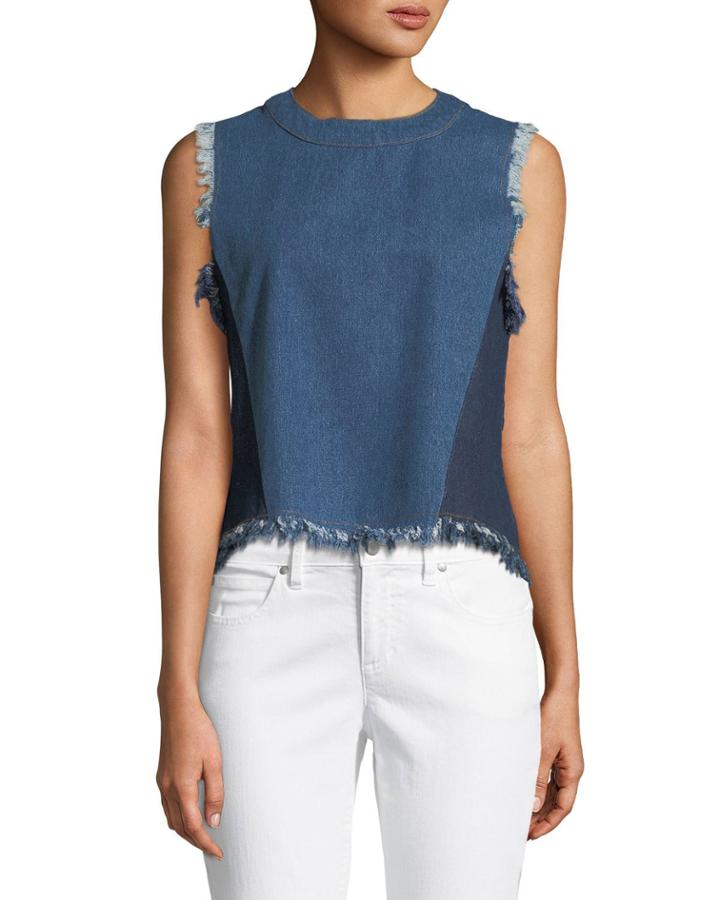 Tie-neck Fringed-denim Vest