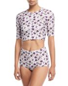 Cropped Zip-front Floral-printed
