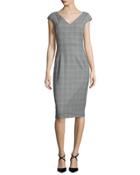 Cap-sleeve Glen-check Sheath Dress, Black/ice/white