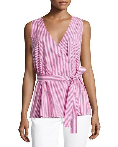 Striped Wrap Tunic Blouse, Pink/white
