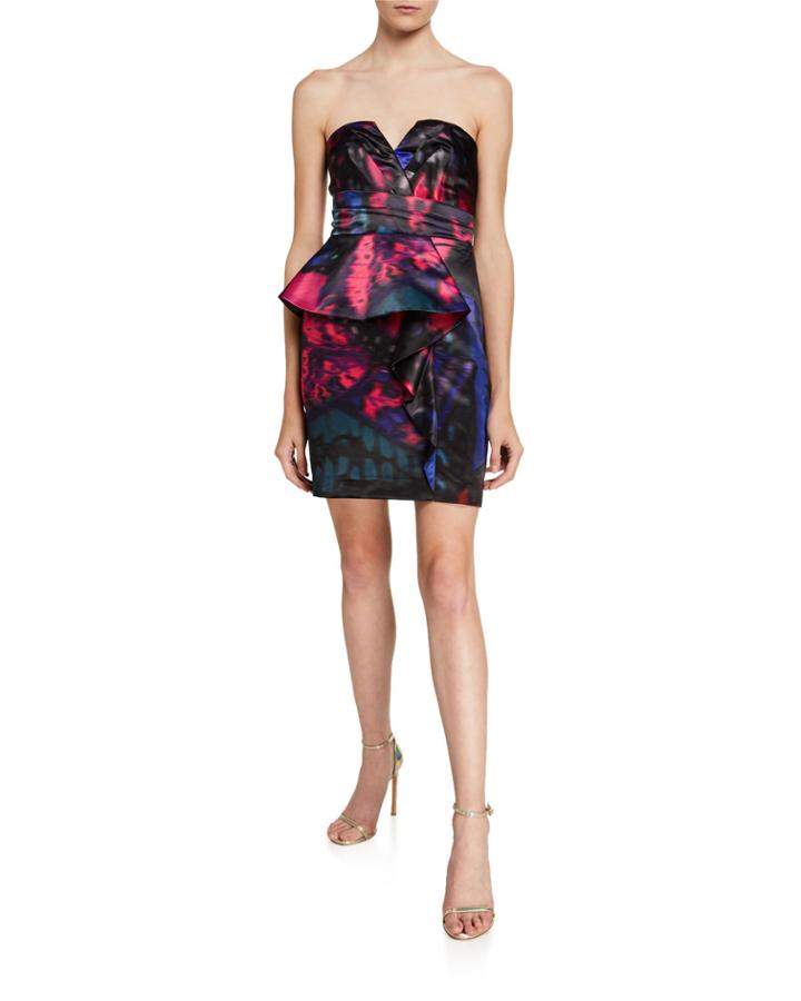 Makani Strapless Printed Satin Mini Dress With Peplum