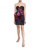Makani Strapless Printed Satin Mini Dress With Peplum