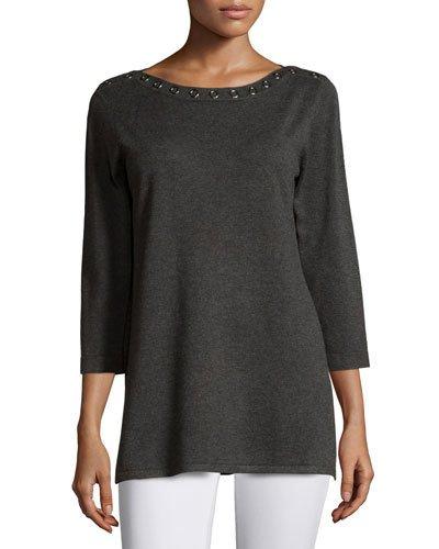 3/4-sleeve Boat Neck Sweater Tunic, Heather Charcoal Gray