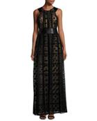 Sleeveless Grecian Tulle Overlay Gown, Black