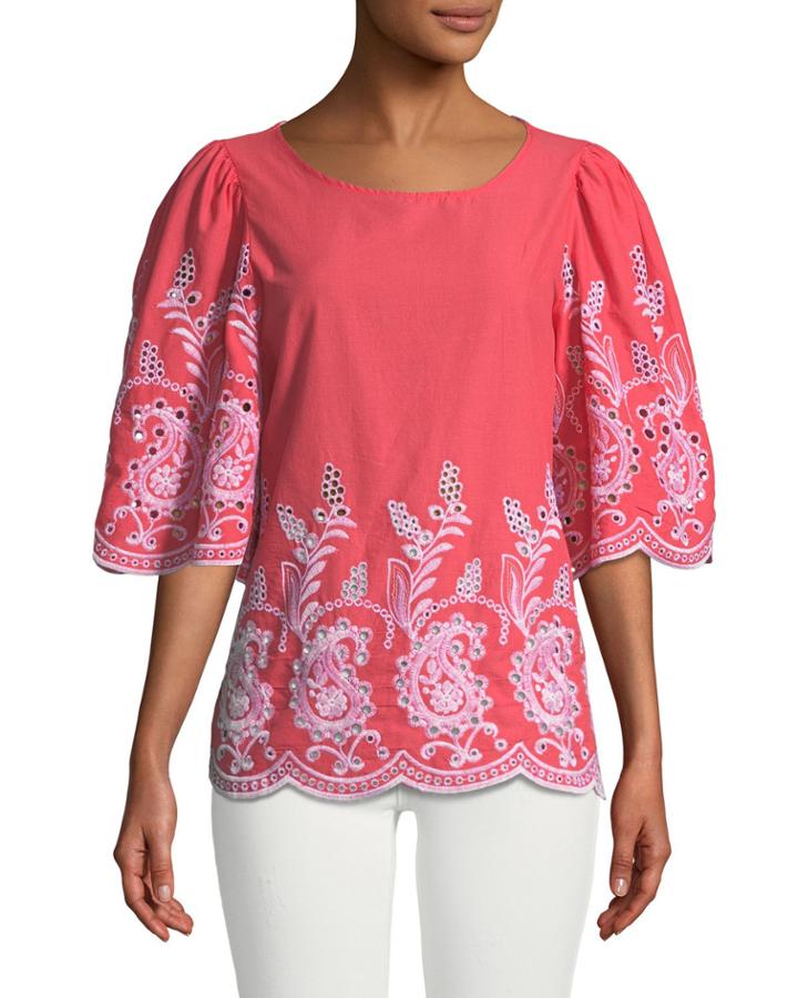 1/2 Sleeve Eyelet Embroidered Blouse