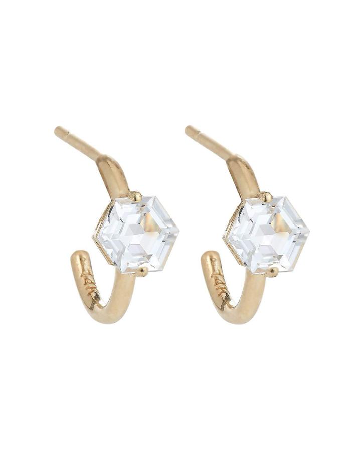 14k Hexagonal White Topaz 12mm Hoop Earrings