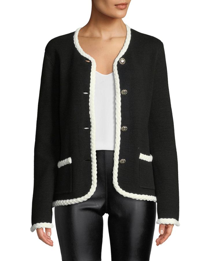Button-front Braided-trim Cardigan