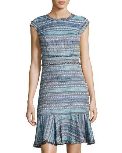 Multi-texture Fringed Flounce Dress, Blue Pattern