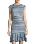 Multi-texture Fringed Flounce Dress, Blue Pattern