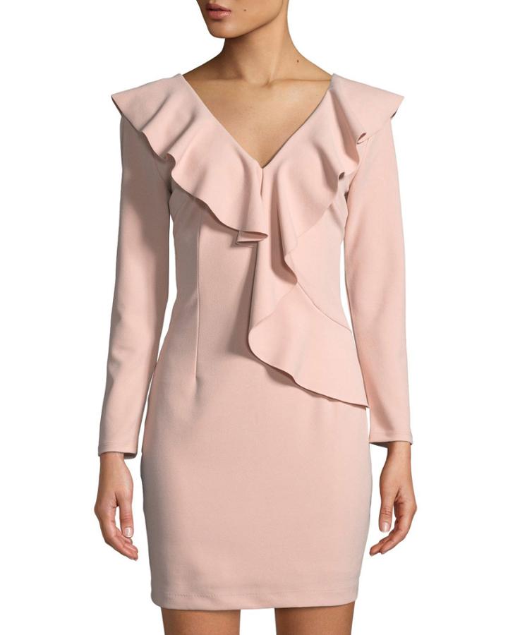 Ruffle-trimmed Long-sleeve V-neck Dress