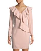 Ruffle-trimmed Long-sleeve V-neck Dress