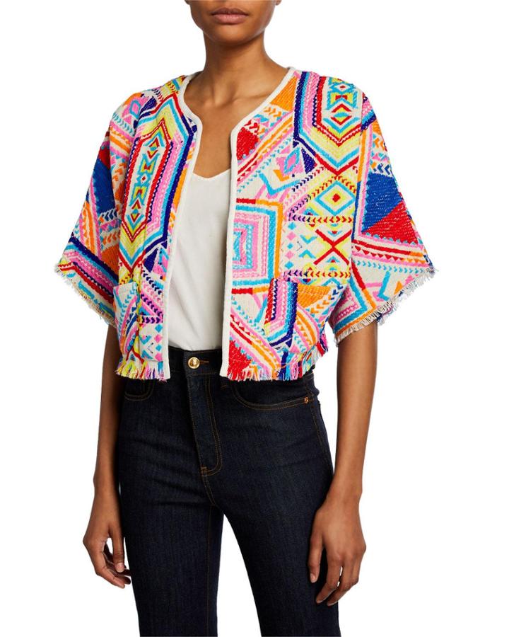Miguel Geo Embroidered Open-front Crop Jacket