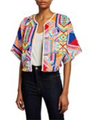 Miguel Geo Embroidered Open-front Crop Jacket