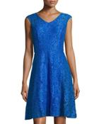 Cap-sleeve Lace Fit-and-flare Dress, Cobalt