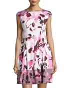 Paintbrush-print Scuba Fit & Flare Dress, Soft White/pink