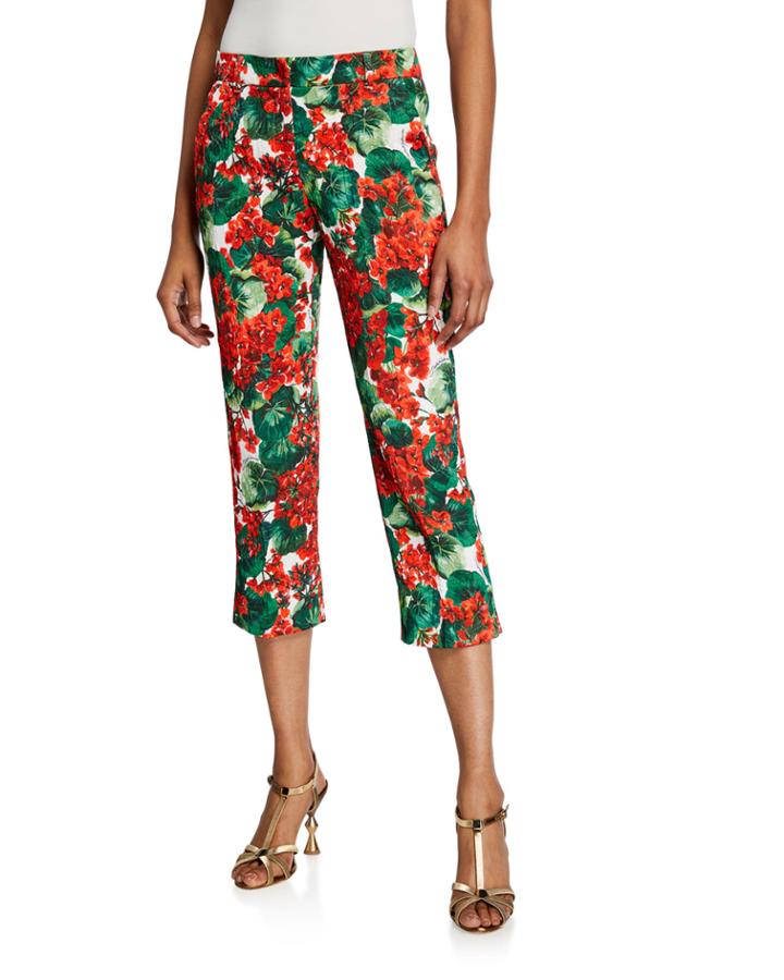 Geranium Floral-brocade Straight-leg Crop Pants