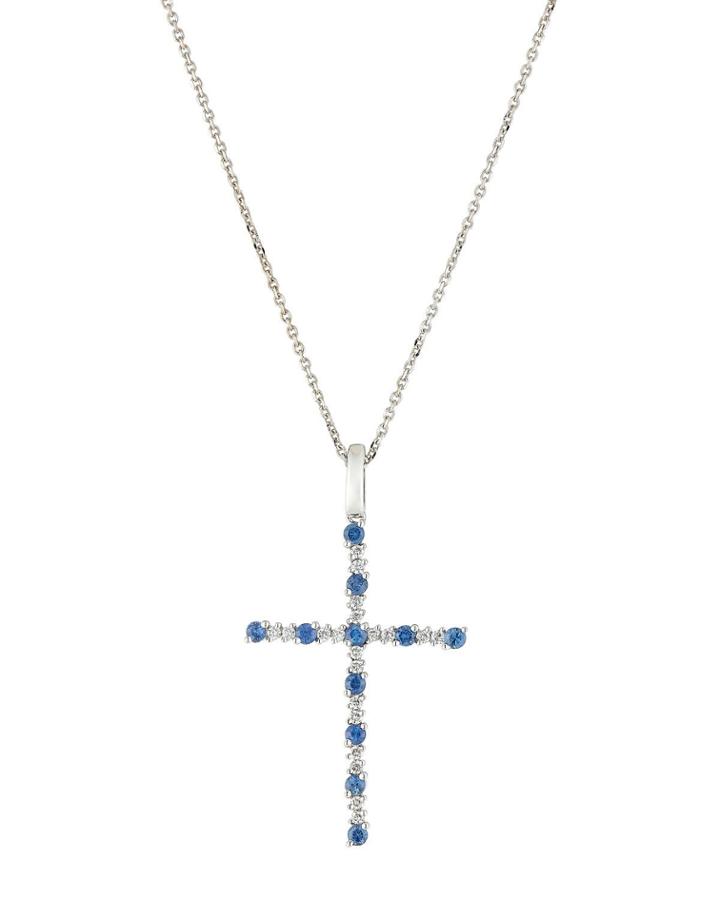 18k White Gold Diamond & Blue Sapphire Cross Necklace