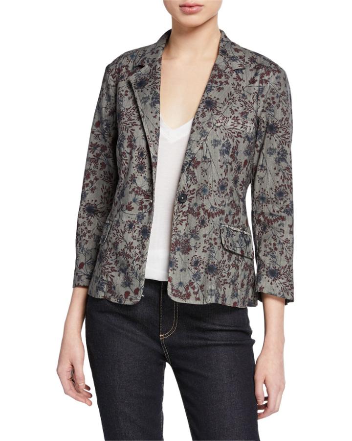 Printed One-button Short Linen/cotton Blazer