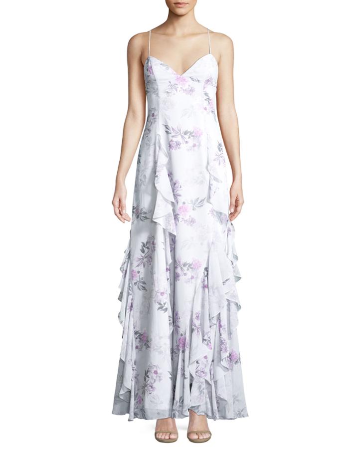 The Nav Ruffled Floral Sleeveless Gown
