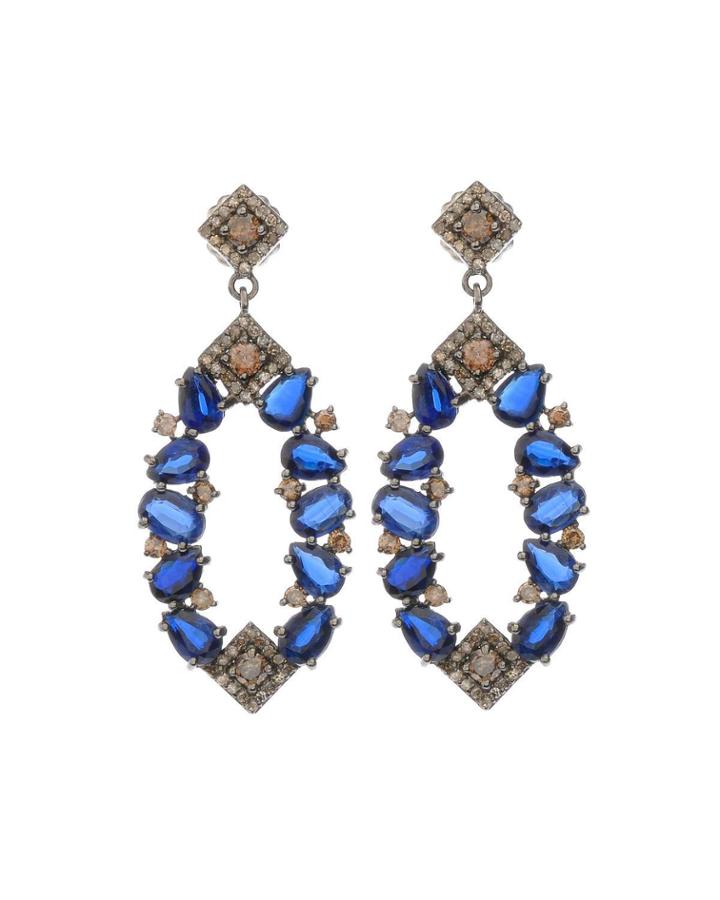 Black Silver Open Drop Earrings With Kyanite & Diamonds