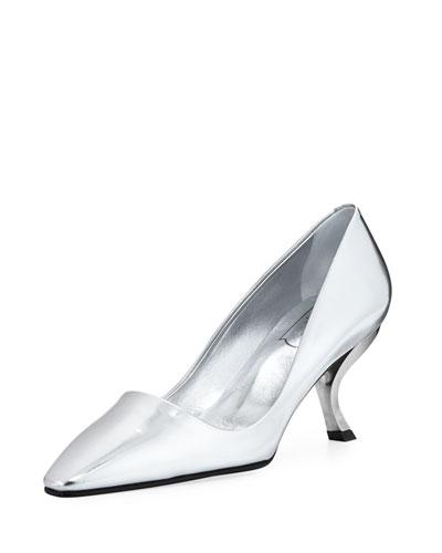 Waxed Leather Pump With Curved Heel