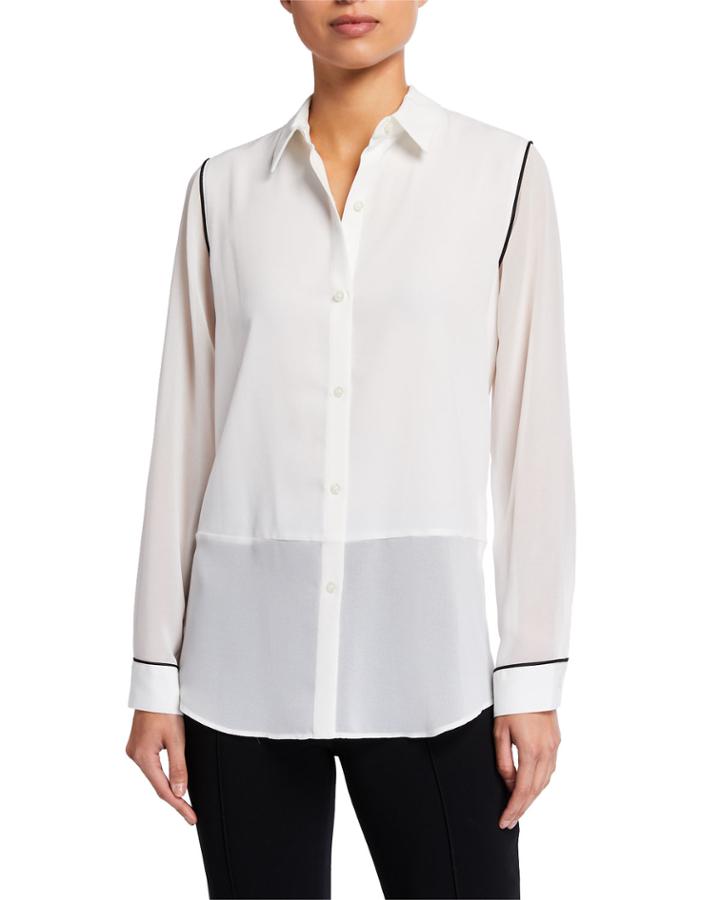 Mixed Media Contrast Button Down Blouse