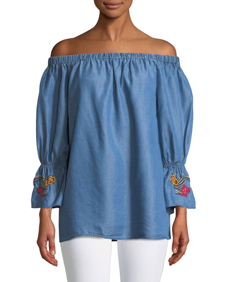 Off-the-shoulder Embroidered-cuff Chambray Blouse