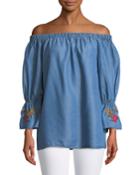 Off-the-shoulder Embroidered-cuff Chambray Blouse