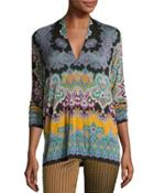 Paisley V-neck Long-sleeve Tee, Green/gold