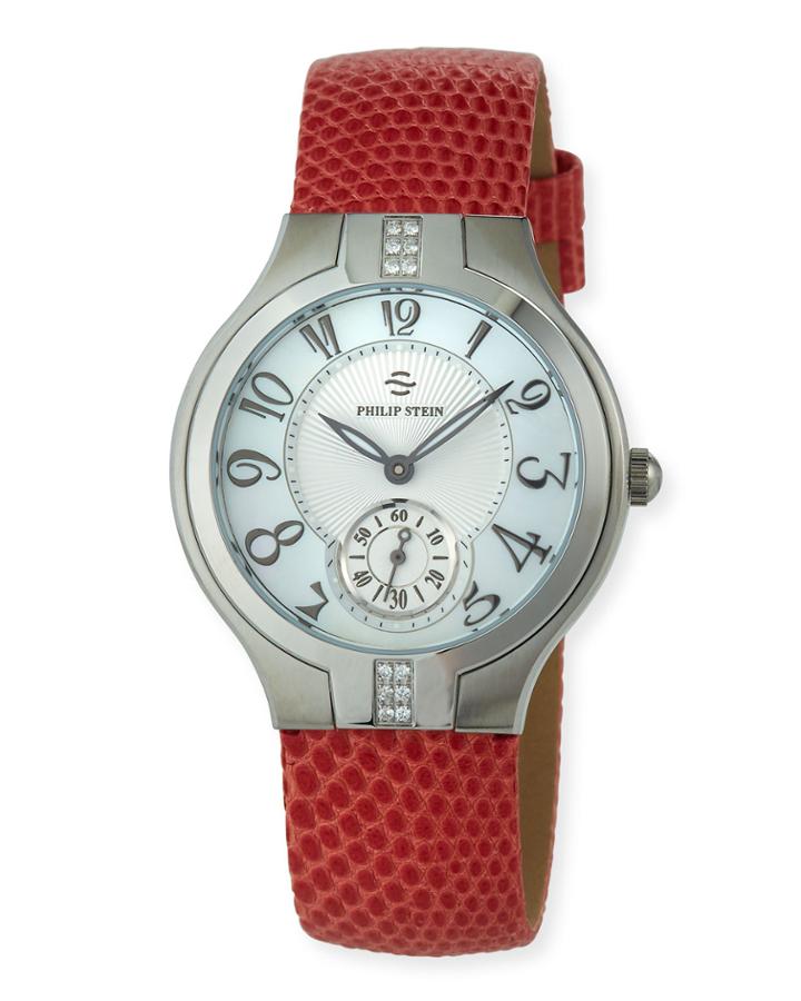 Classic Small Diamond Watch W/ Leather Strap, White/pink