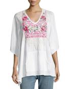 Embroidered Pocket Poncho, White