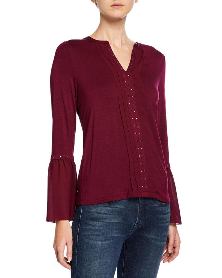 Studded V-neck Chiffon-cuff Blouse