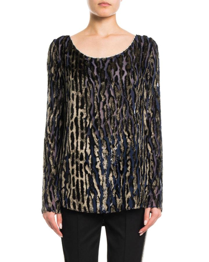 Boat-neck Long-sleeve Zebra-devore Blouse